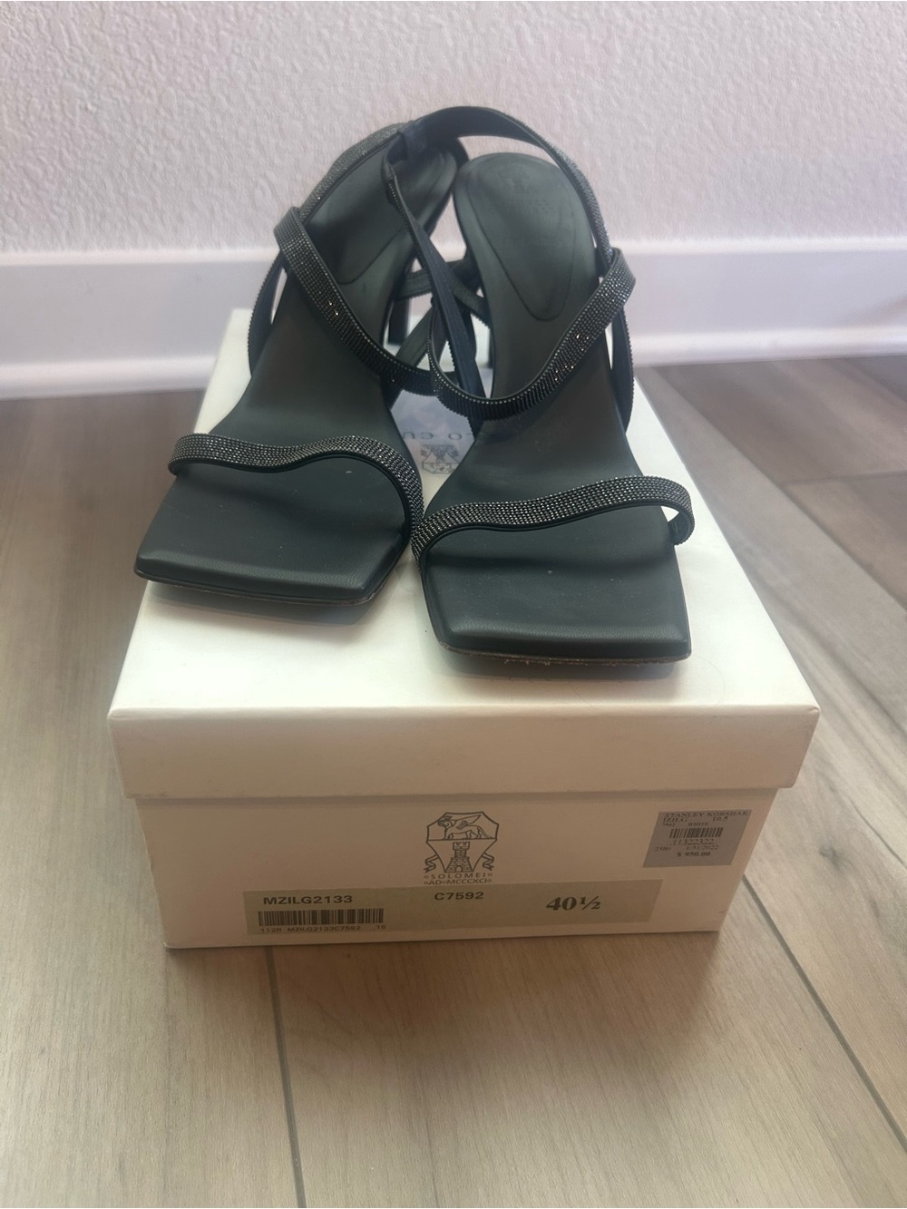 Brunello Cucinelli Black Strappy Square-Toe Heels with Subtle Crystal Detail